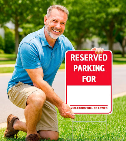 Set of 3 Double Sided 8x12 Inches Reserved Parking Signs with Metal Wire H-Stakes - Plastic Indoor or Outdoor Sign Text Only