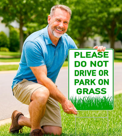 12х8 inch 3X Please Do Not Drive Or Park On Grass Double Sided Plastic Signs with Metal Wire H-Stakes