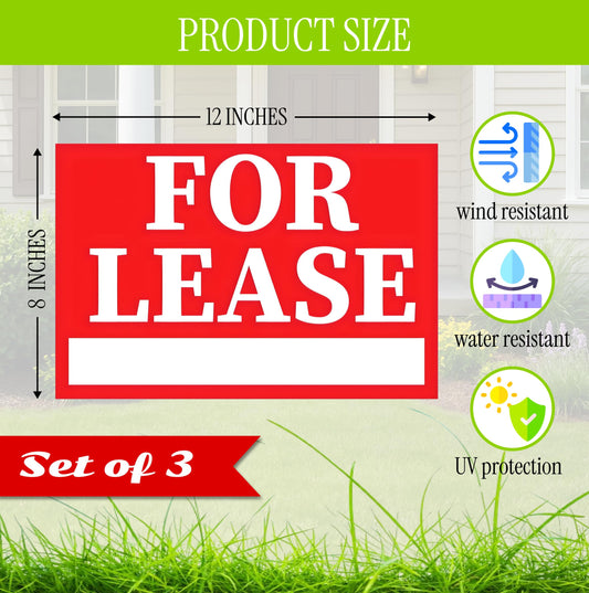 Pack of 3 Double sided Corrugated Plastic Red White for Lease Sign with H Stake 12" x 8" inch - Tall Stands for Outdoor House Business Supplies