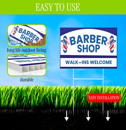 12x16 inch pack of 3 Barber Shop (Arrow) Yard Sign - Double-Sided Print with Metal Stakes - Barber Shop Grand Opening Plastic Sign