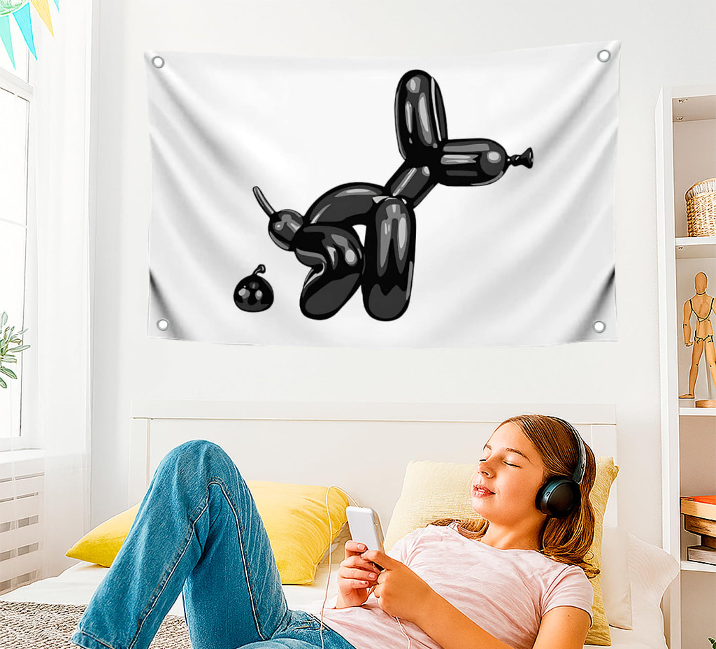 3x5 Feet Adult Humor Modern Bathroom Single Sided Flag with 4 Grommets - Balloon Dog Wall Banner - Funny Black Bathroom Decoration
