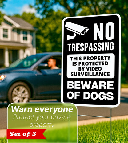 ULVEOL Set of 3 Double Sided 12x8 Inches Beware of Dog Plastic Sign with Metal Stakes. No Trespassing This Property Is Protected By Video Surveillance