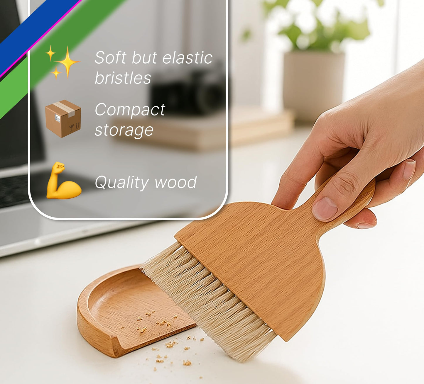 Desktop Table Dustpan and Brush Set for Home - Portable Cleaning Combo with Real Wood - Compact Brush for Sweeping