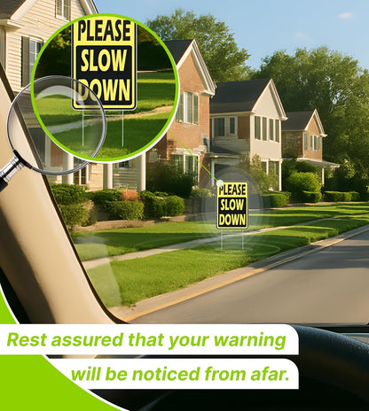 Set of 3 Double Sided 12x8 Inches Please Slow Down Signs with Stakes