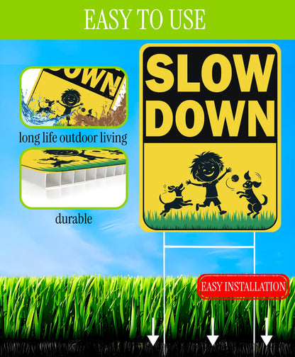 Set of 3 Double Sided 12x16 Inches "Slow Down" Sign with Metal H-Stakes - Caution Children at Play Plastic Signs for Avenue