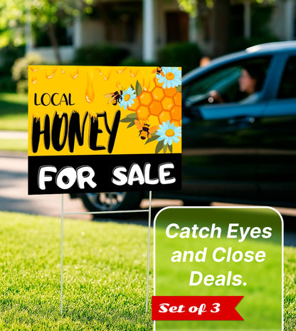 Set of 3 Double Sided 12x16 Inches Local Honey For Sale Yard Sign with Metal H-Stakes - Local Honey Sale Signs for Farm Garden Lawn Outdoor