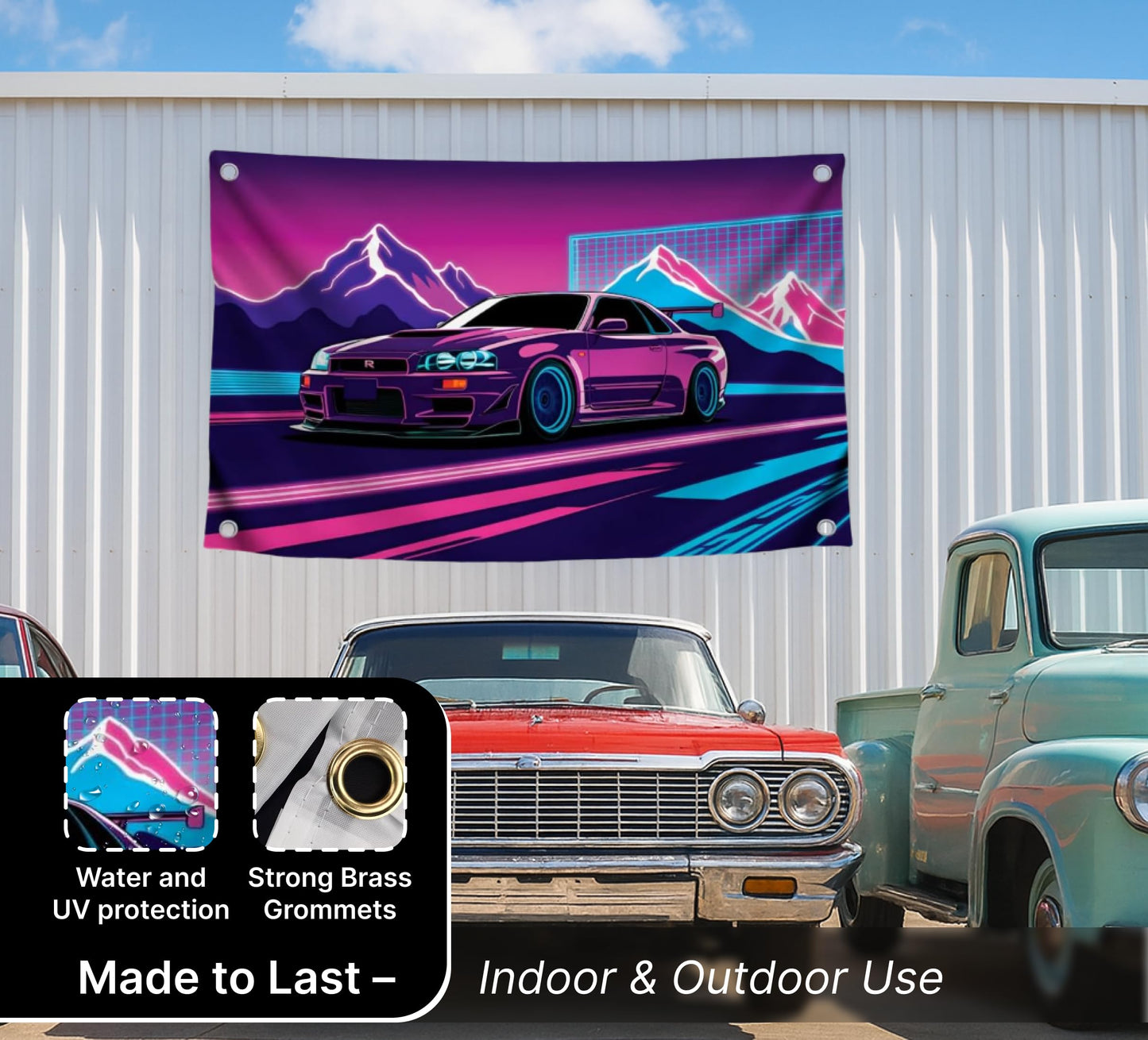 3x5 Feet Purple Racing Car Polyester Flag with Mountains In The Background with Four Brass Grommets - Car Wall Poster for Outdoor or Indoor