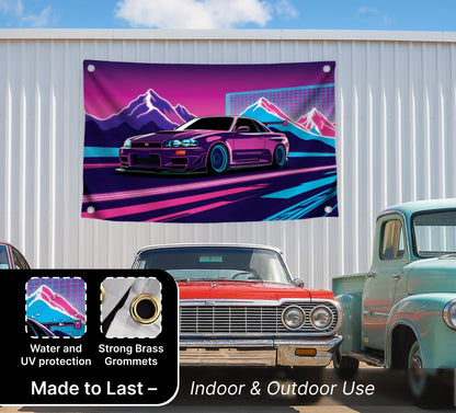 3x5 Feet Purple Racing Car Polyester Flag with Mountains In The Background with Four Brass Grommets - Car Wall Poster for Outdoor or Indoor