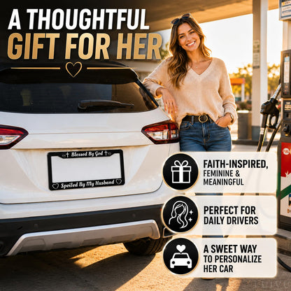 6x12.25 in Blessed by God, Spoiled by My Husband License Plate Frame – Black