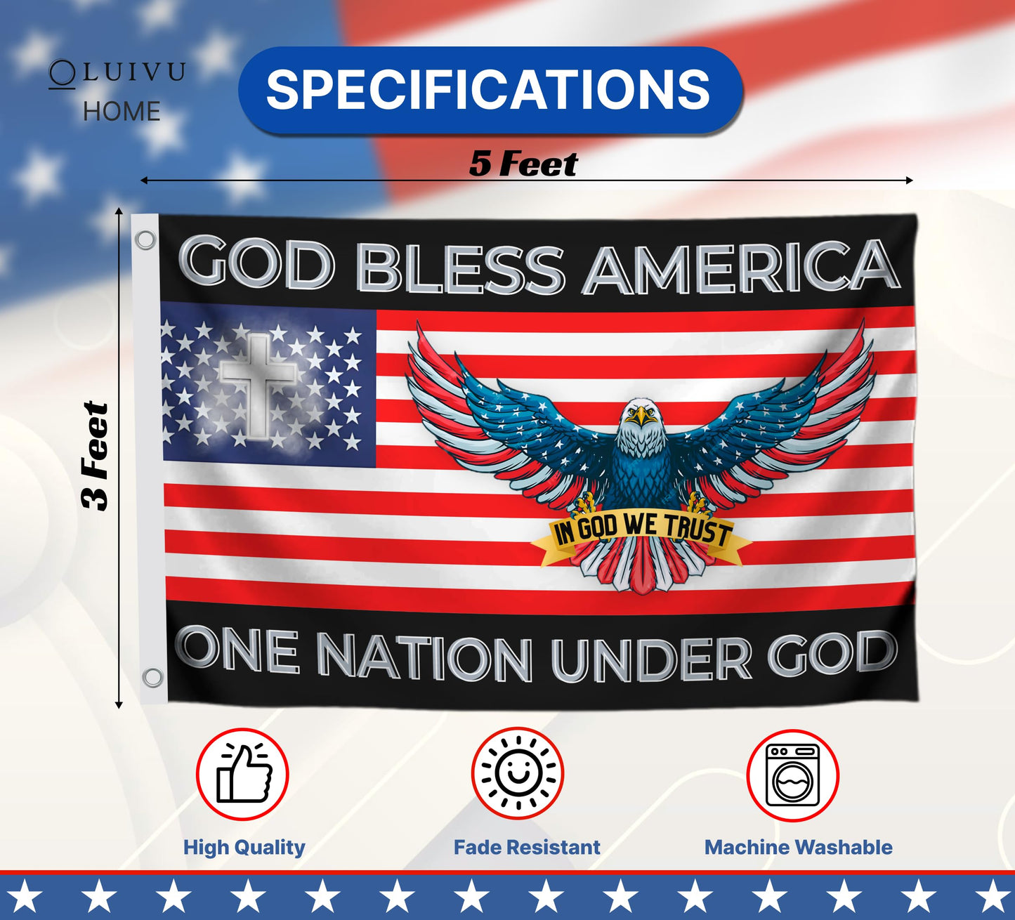 3x5 Feet One Nation Under Flag with 2 Grommets - Bless America Single Sided Flags With Eagles - Easter Flags for 4th of July