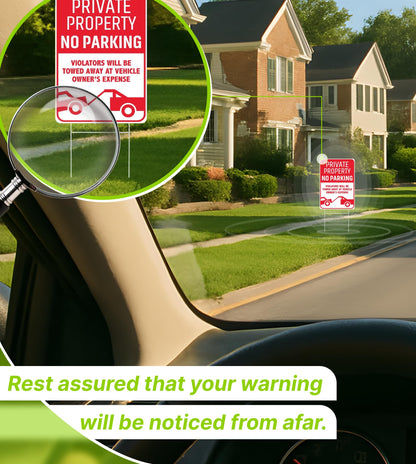 3X Private Property No Parking Plastic Sign with H-Stakes - 12x8 Inch No Parking Signs for Business - Stay Off Grass Double Sided Signs for Yard