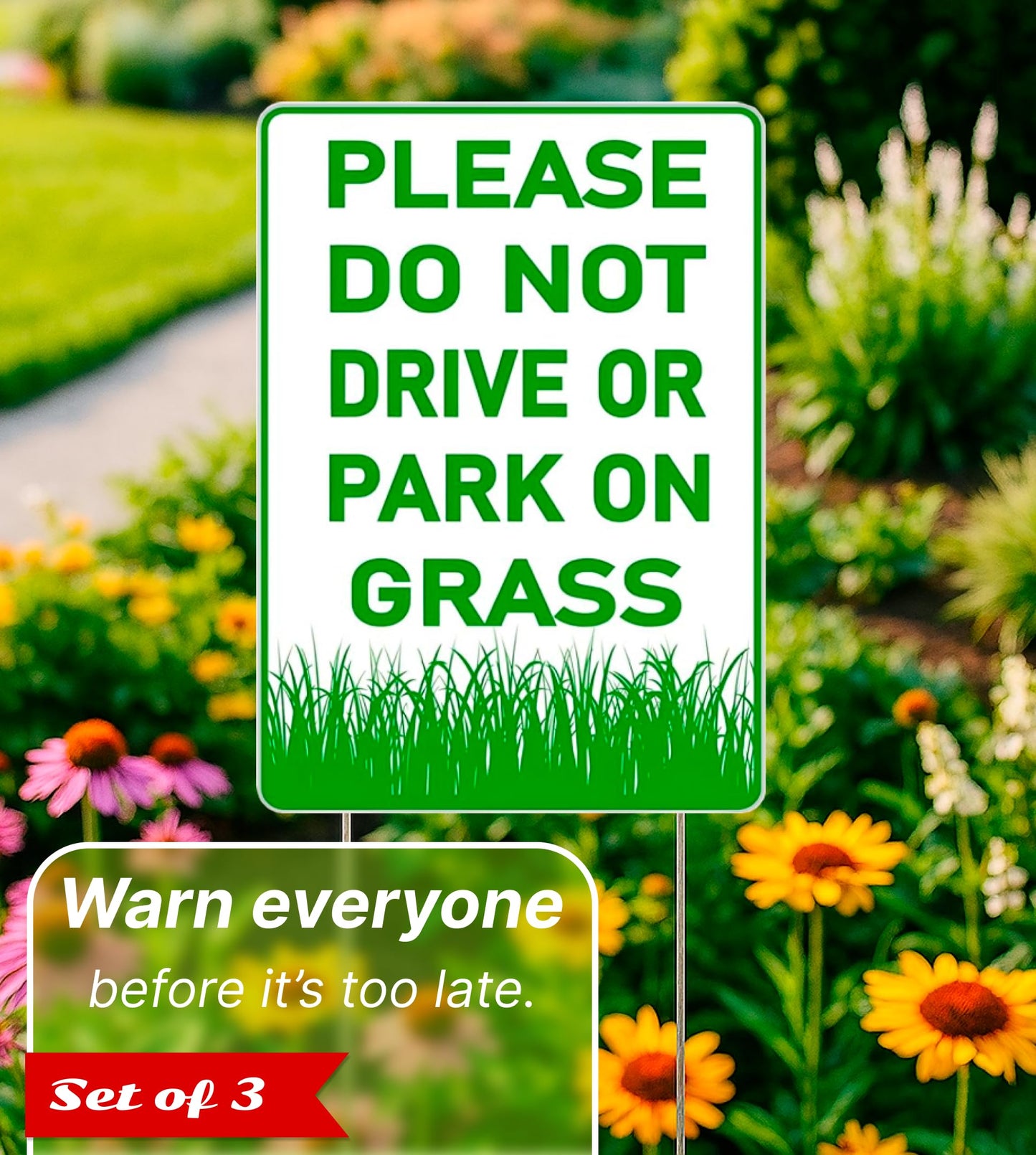 12х8 inch 3X Please Do Not Drive Or Park On Grass Double Sided Plastic Signs with Metal Wire H-Stakes