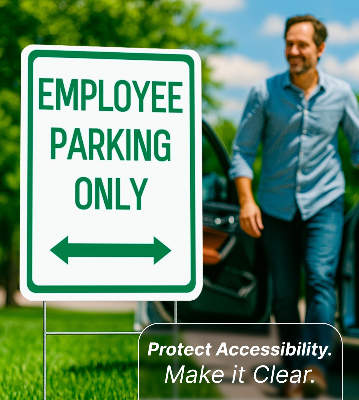 Set of 3 Double Sided 12x16 Inches Employee Parking Only Sign with Metal Wire H-Stakes - Plastic Sign with Bidirectional Arrow