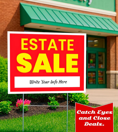 12x16 Inch 3X Double Sided Real Estate Sale Yard Sign - Estate Sale Arrows Plastic Signs with Metal H Stakes