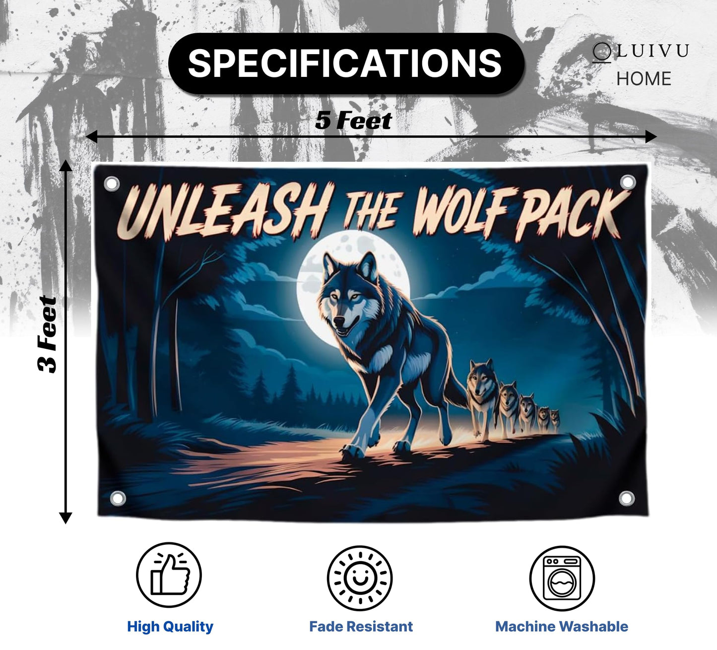 3x5 Feet Cool Wolf Quote Flag "Unleash the Wolf Pack" with 4 Brass Grommets - Flag with the Image of the Wolfes Pack for Wall Decoration