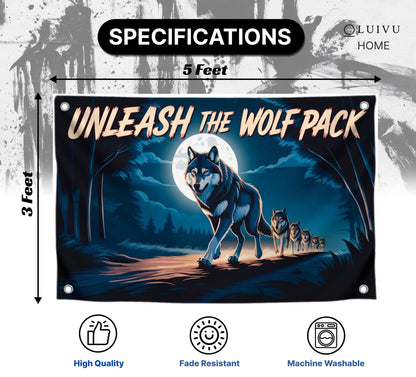 3x5 Feet Cool Wolf Quote Flag "Unleash the Wolf Pack" with 4 Brass Grommets - Flag with the Image of the Wolfes Pack for Wall Decoration