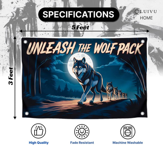 3x5 Feet Cool Wolf Quote Flag "Unleash the Wolf Pack" with 4 Brass Grommets - Flag with the Image of the Wolfes Pack for Wall Decoration