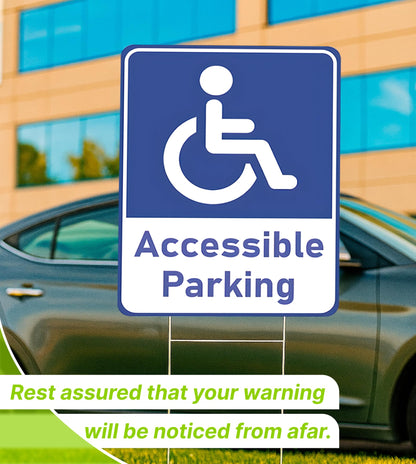 Set of 3 Double Sided 12x16 Inches "Accessible Parking" Plastic Sign with Metal H-Stakes - Reserved Spaces for Handicap Permit Vehicles