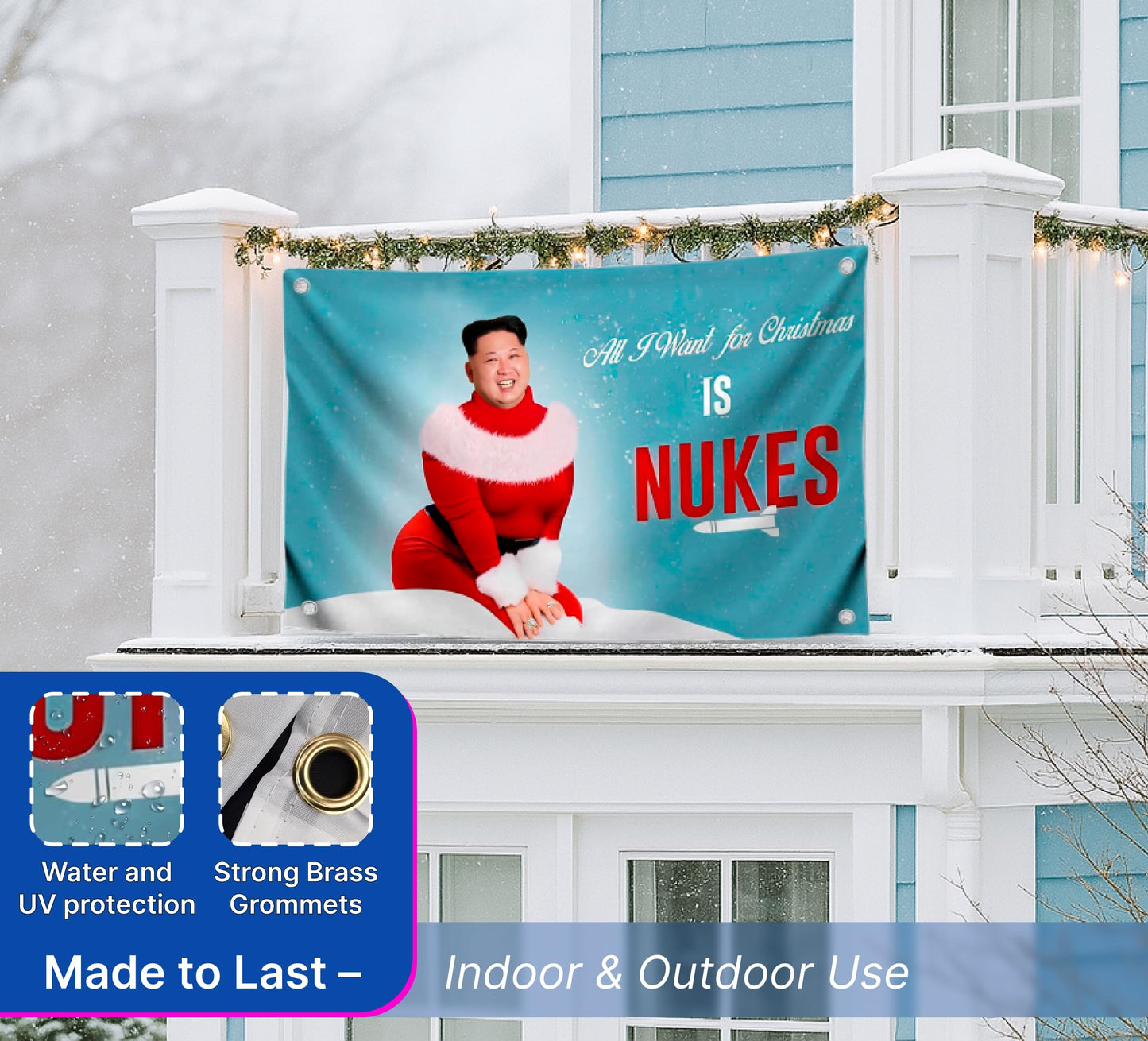 3x5 Ft Kim Meme Polyester Flag with Four Brass Grommets - Single Sided Banner All I Want for Christmas is Nukes - Funny Flag for College Party