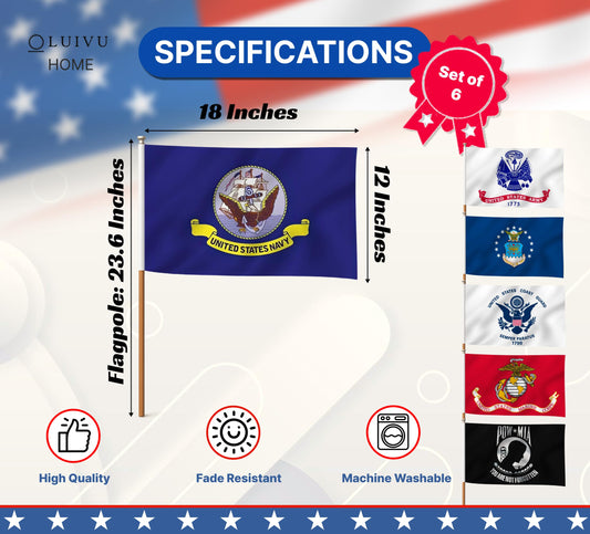 Set of 6 Single Sided Military 5 Branches Army Navy Marines Air Force Coast Guard and Pow Mia Stick Flag 12x18 inch - Army Polyester Flags