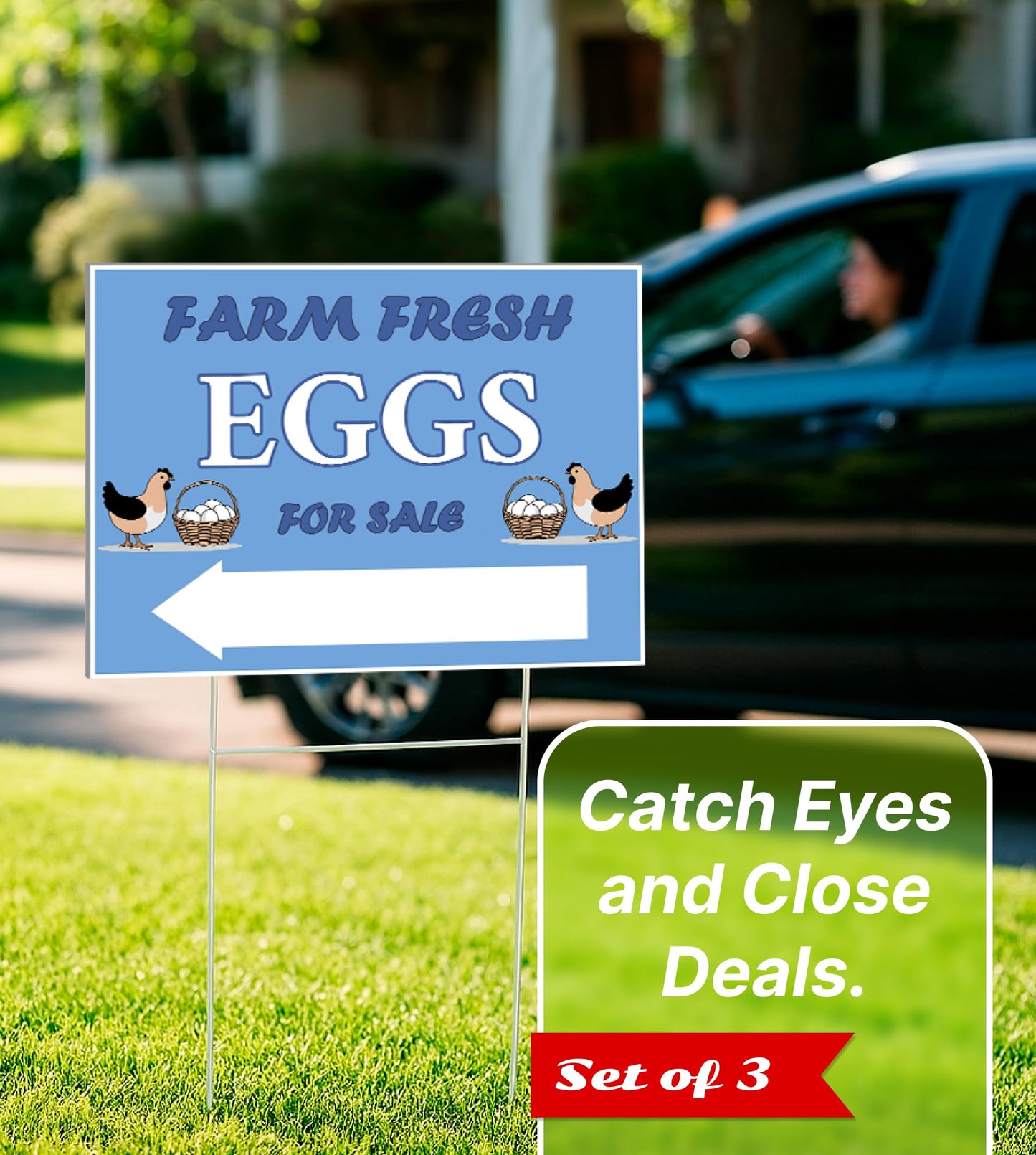 Set of 3 Double Sided 12x16 Inches Farm Fresh Eggs For Sale Sign with Metal H-Stakes