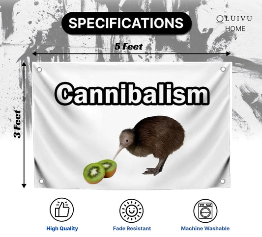 3x5 Feet White Kiwi Single Sided Flag with Quote "Cannibalism" with Four Brass Grommets - College Dorm Room Banner Indoor or Outdoor Decorations