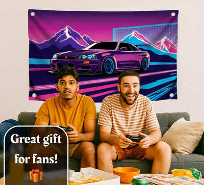 3x5 Feet Purple Racing Car Polyester Flag with Mountains In The Background with Four Brass Grommets - Car Wall Poster for Outdoor or Indoor