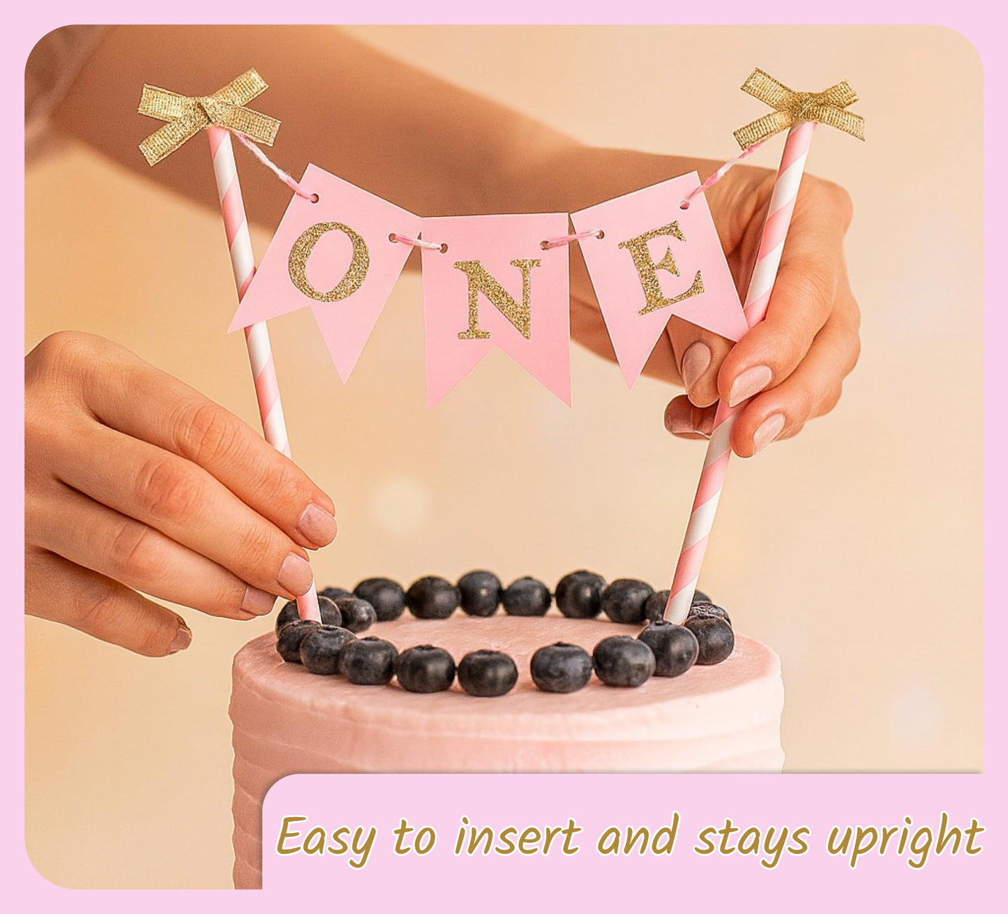 8x6 Inch Paper One Cake Topper for Baby Girls - Pink and Gold Cake Topper Banner for 1st Birthday - First Cake Topper or Paper Straw Cake Toppers