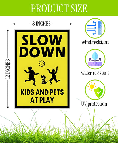 3 Pack Single Sided 8x12 Please Slow Down Kids and Pets at Play Yard Plastic Sign with Metal H-Stakes - Children At Play