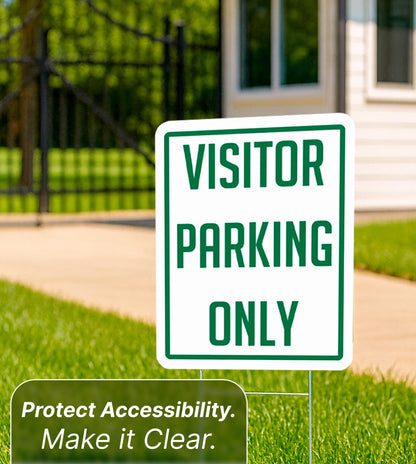 Set of 3 Double Sided 12x16 Inch Plastic Sign "Visitor Parking Only" with Metal H-Stakes - Plastic Parking Signs Green on White