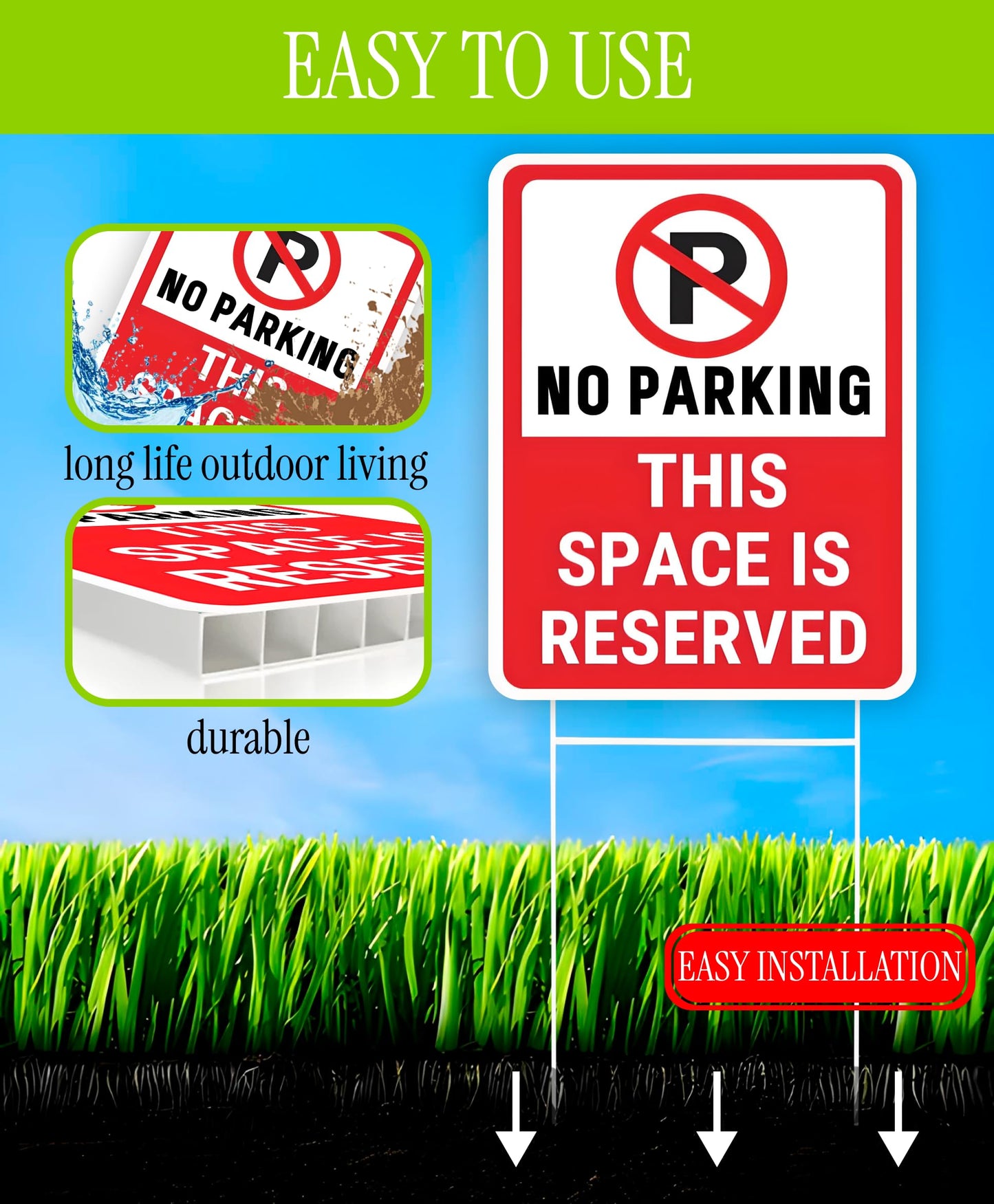 Set of 3 Double Sided 12x16 Inches No Parking This Space Is Reserved Sign with Metal Wire H-Stakes