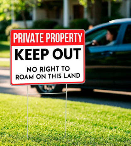 3X Private Property Plastic Sign with Stake - 12x8 Inches Keep Out Double Sided Signs - No Right to Roam On This Land - for Property Protection