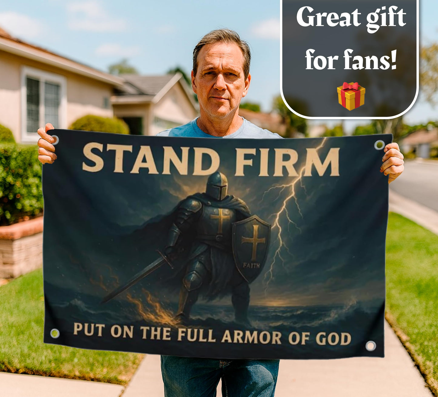 3x5 Feet Motivational Christian Flag Image Knight with Quote "Stand Firm – Put On the Full Armor of God" with 4 Brass Grommets - Single Sided Flag