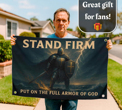 3x5 Feet Motivational Christian Flag Image Knight with Quote "Stand Firm – Put On the Full Armor of God" with 4 Brass Grommets - Single Sided Flag
