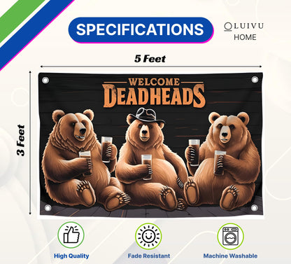 3x5 Feet Bears Polyester Flag Welcome Deadheads with Four Brass Grommets - Rock Music Banner for Garden Party - Banners with Three Bear for Wall