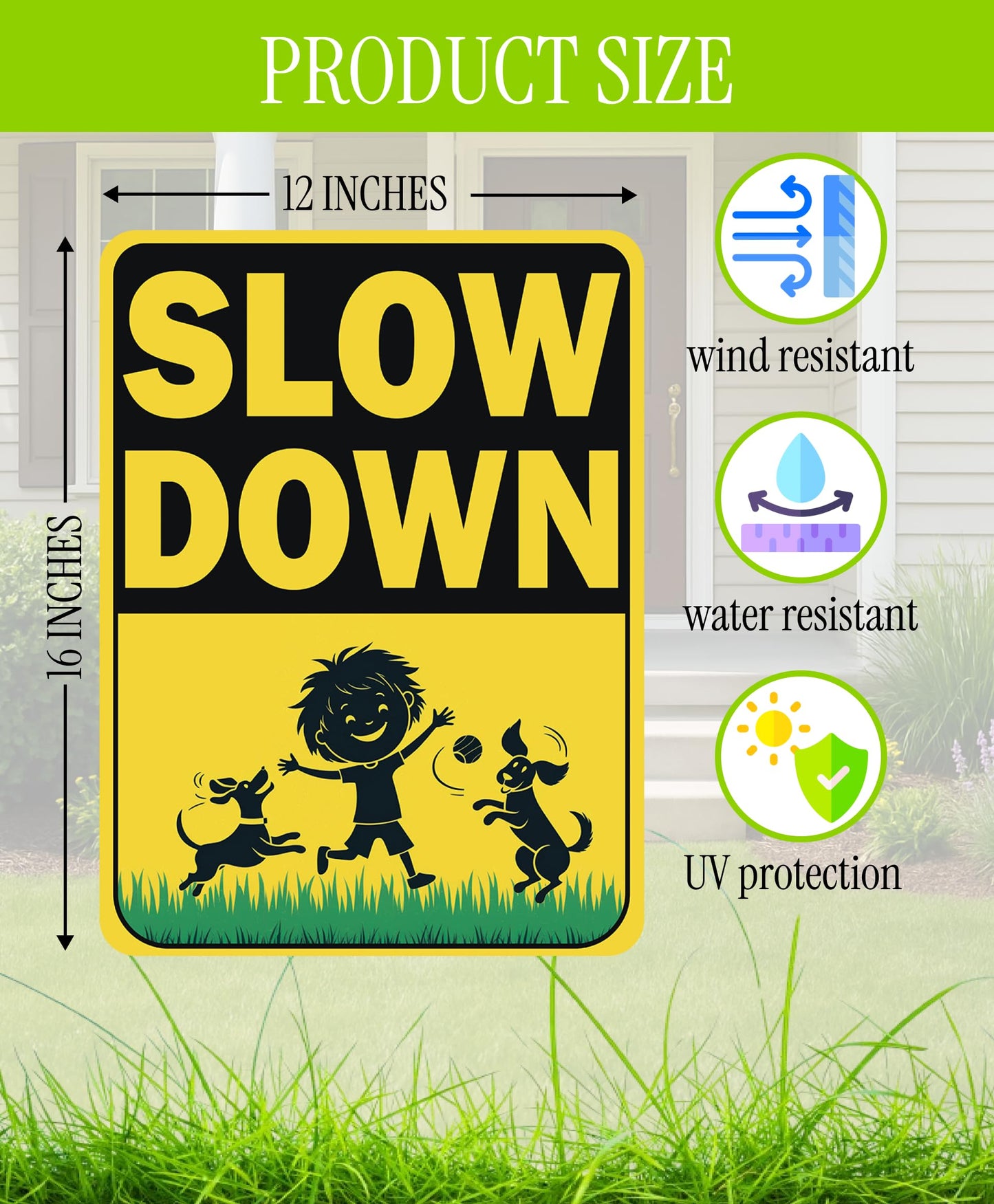 Set of 3 Double Sided 12x16 Inches "Slow Down" Sign with Metal H-Stakes - Caution Children at Play Plastic Signs for Avenue