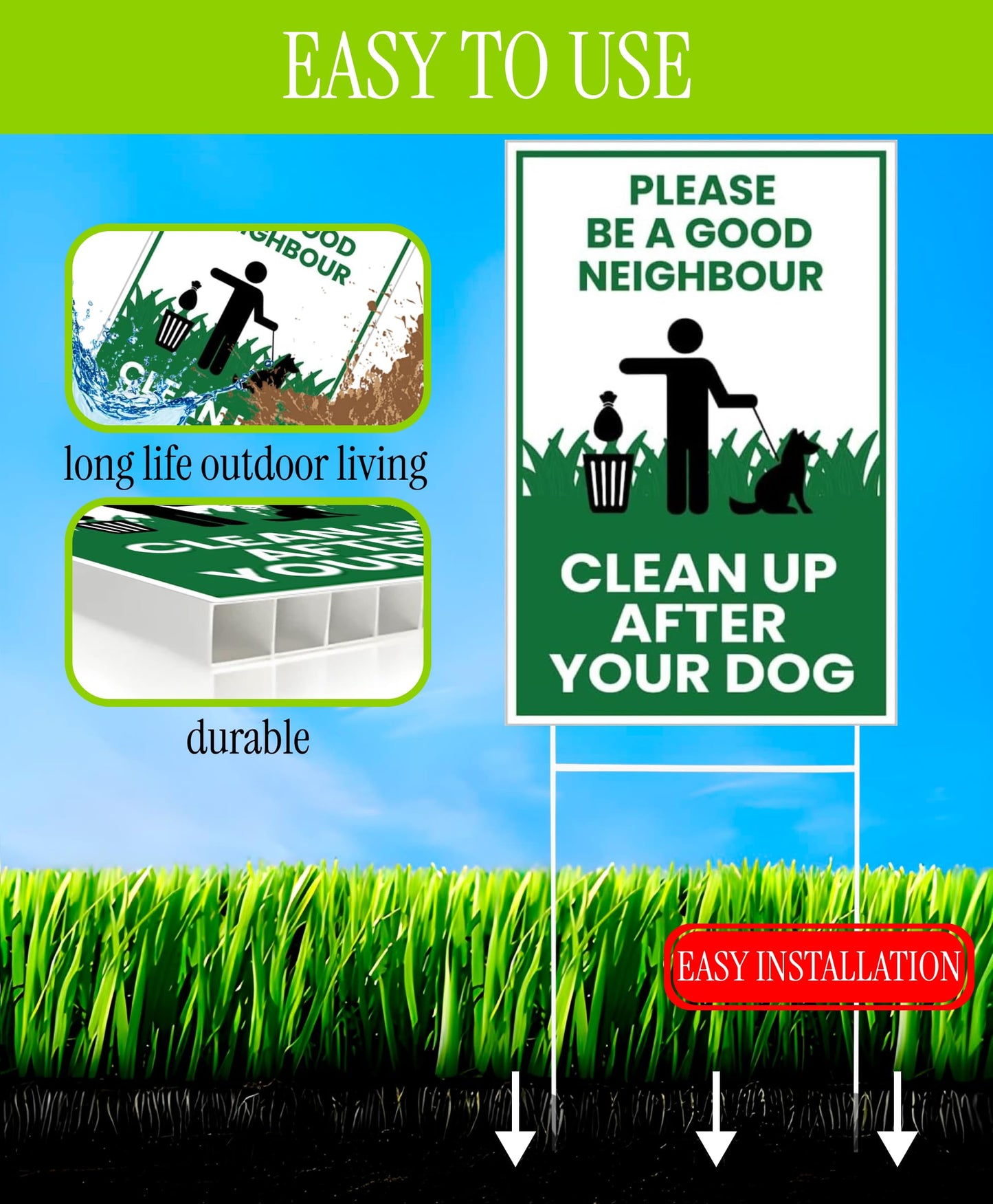 3X Single Sided 12х8 inch Clean Up After Your Dog Plastic Sign with Metal H-Stakes - Be a Good Neighbor Sign - Pick Up Your Dog Poop Signs