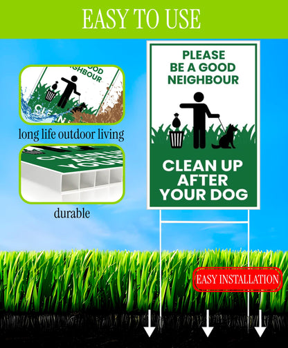 3X Single Sided 12х8 inch Clean Up After Your Dog Plastic Sign with Metal H-Stakes - Be a Good Neighbor Sign - Pick Up Your Dog Poop Signs