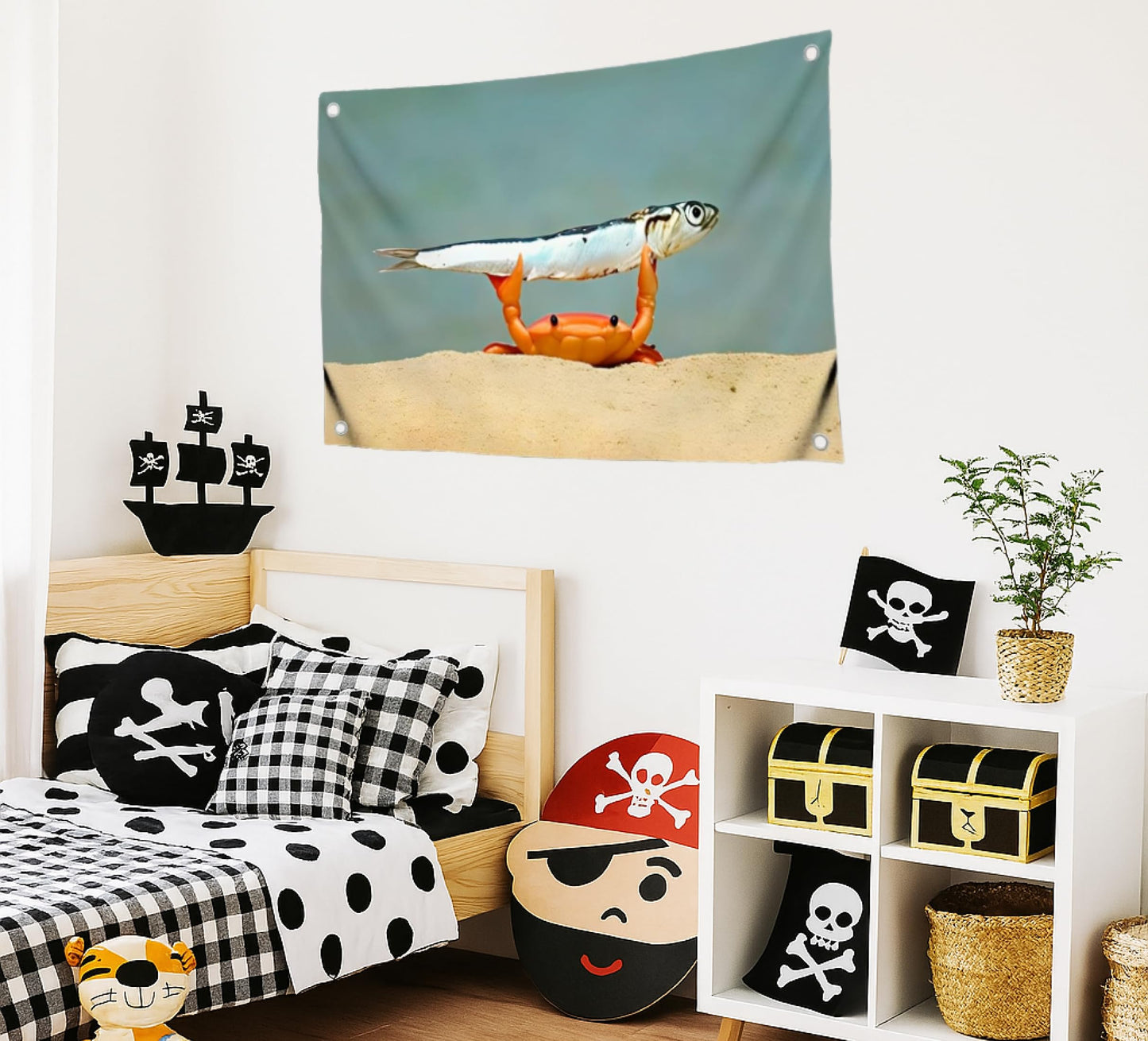 3x5 Feet Meme Flag with Сrab Holds Fish with Four Brass Grommets - Single Sided Cool Funny Tapestry for Bedroom Decor Man Cave Style