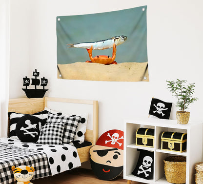 3x5 Feet Meme Flag with Сrab Holds Fish with Four Brass Grommets - Single Sided Cool Funny Tapestry for Bedroom Decor Man Cave Style