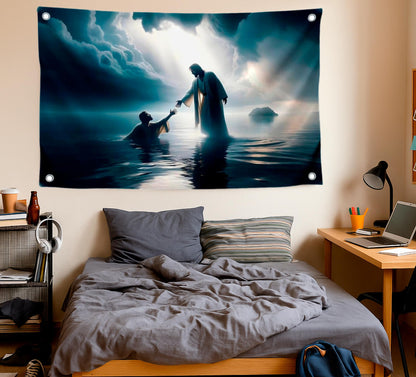 3x5 Ft Scene of Walking on Water Polyester Flag - Easter Flags for 4th of July - Wall Decor God on Water Banner - Flag for Wall Decor