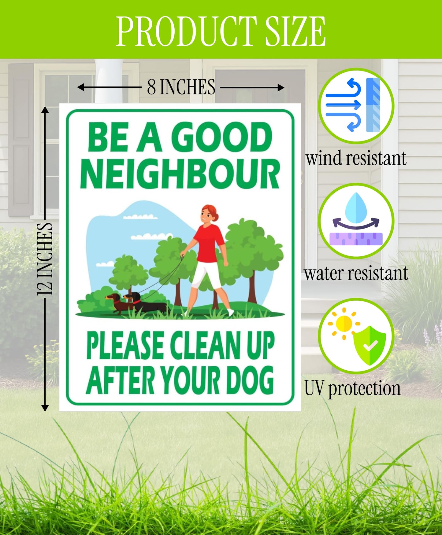 12х8 inch 3X Plastic Sign Clean Up After Your Dog with Metal Wire H-Stakes - Be a Good Neighbor Double Sided Signs Clean Up After Your Pet