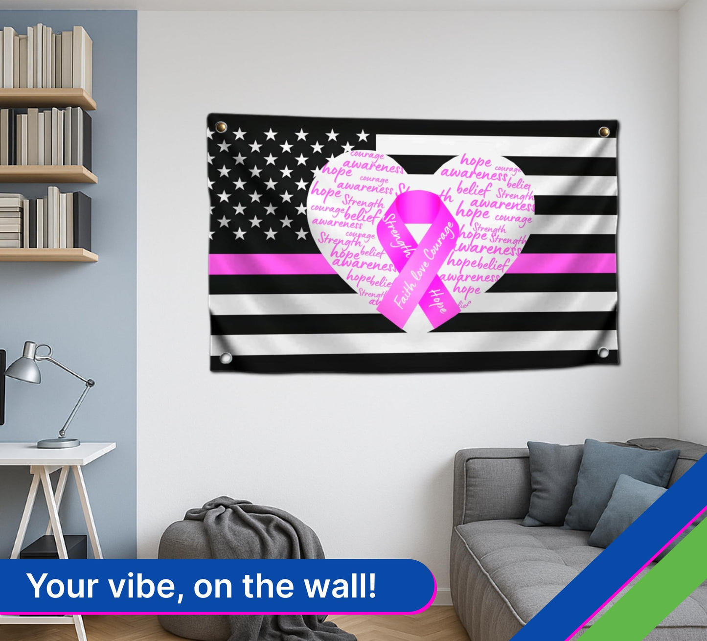 3x5 Fееt Breast Cancer Awareness Ribbon Polyester Flag with 4 Brass Grommets - Outdoor Hope Faith Courage Strength Decor Single Sided Banner