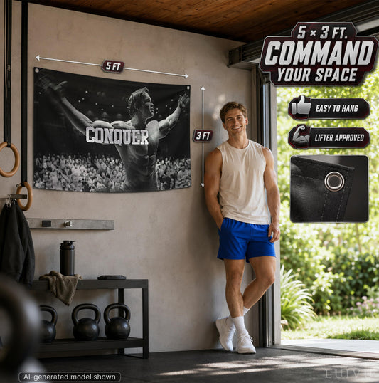 3x5 ft Schwarzenegger Conquer Flag – Motivational Gym Banner