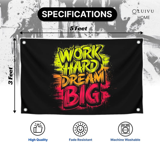 3x5 Feet Motivation Quote Polyester Flag "Work Hard Dream Big" with Four Brass Grommets - Home Gym Decor for Room Guys and Man