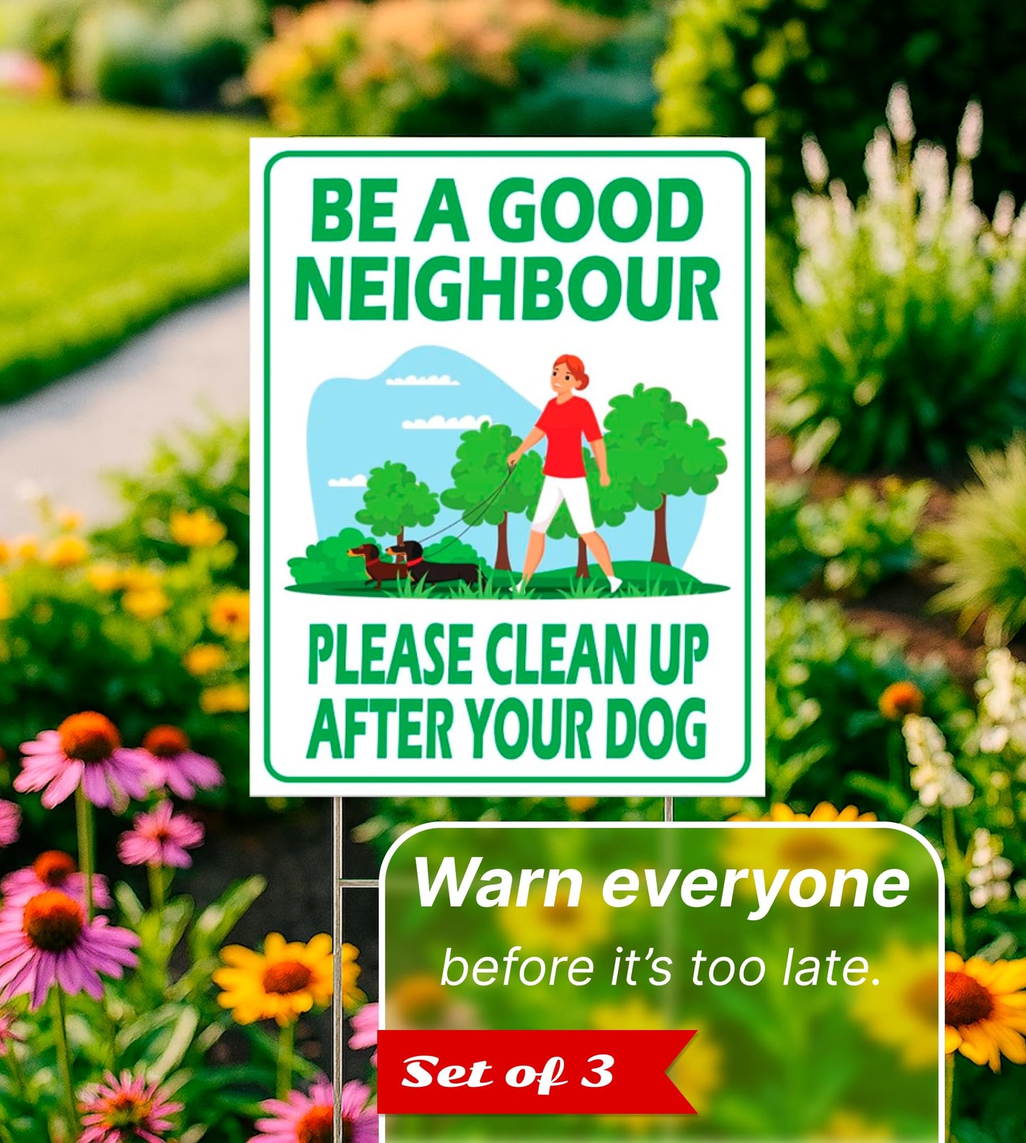 12х8 inch 3X Plastic Sign Clean Up After Your Dog with Metal Wire H-Stakes - Be a Good Neighbor Double Sided Signs Clean Up After Your Pet