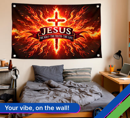 3x5 Feet Polyester Flag Cross in Fire "The Way Me Truth, The Life" with 4 Brass Grommets - Decorations God Banner for Room. American Flags for Outside