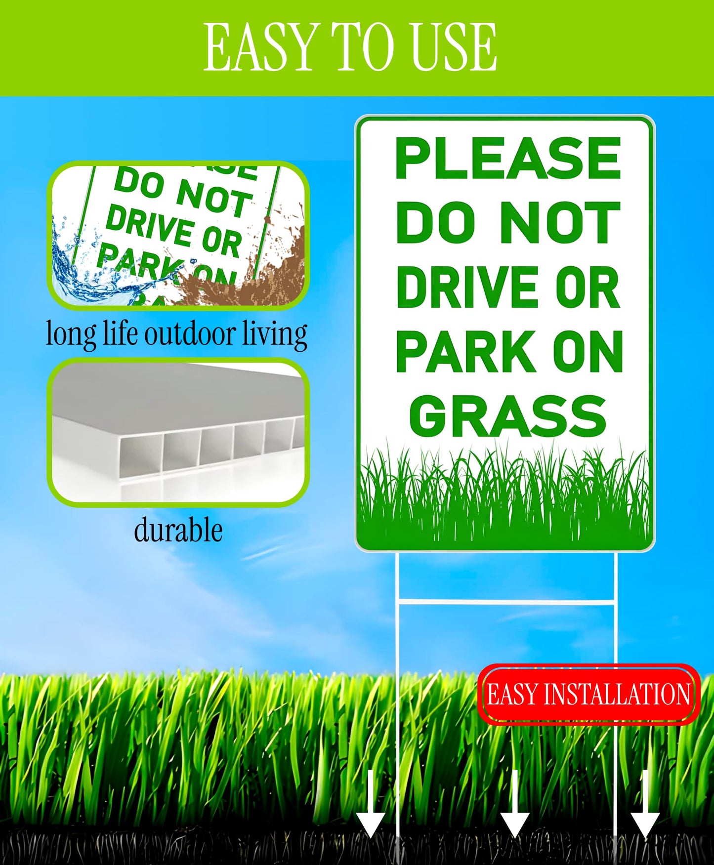 12х8 inch 3X Please Do Not Drive Or Park On Grass Double Sided Plastic Signs with Metal Wire H-Stakes