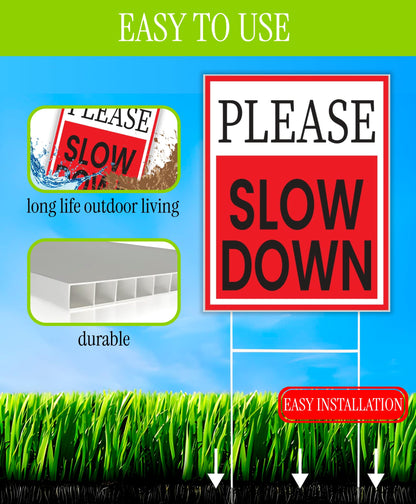 3 Pack 12x16 Double-Sided Please Slow Down Sign with Metal Wire H-Stakes - Children At Play Safety signs for Street Plastic Signs