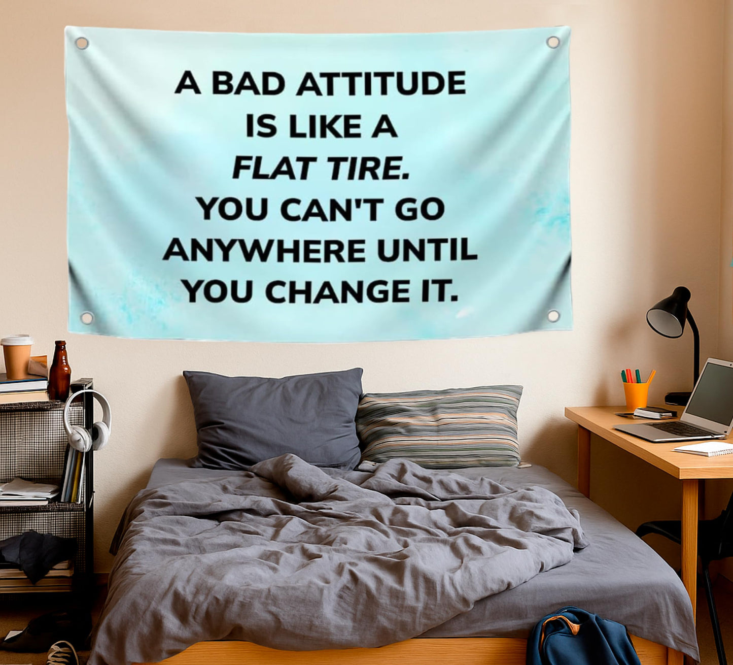 3x5 Feet Motivation Single Sided Flag with Quote "A Bad Attitude Is Like A Flat Tire" with 4 Brass Grommets - Positive and Uplifting Quotes Banner